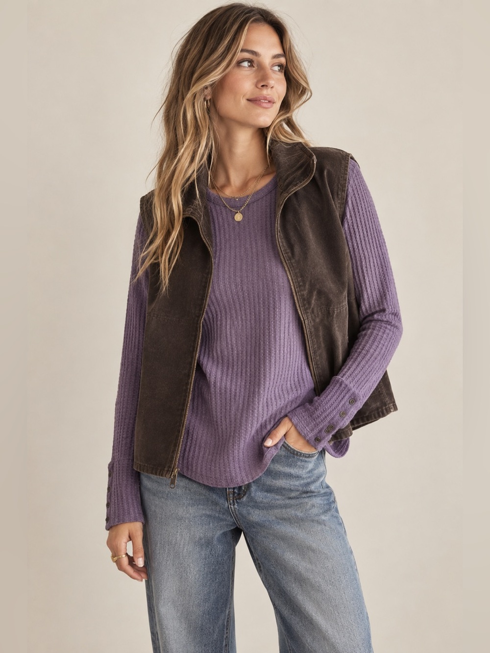 Chaser Purple Waffle Knit Long Sleeve Top Large Button Cuff Thermal Shirt